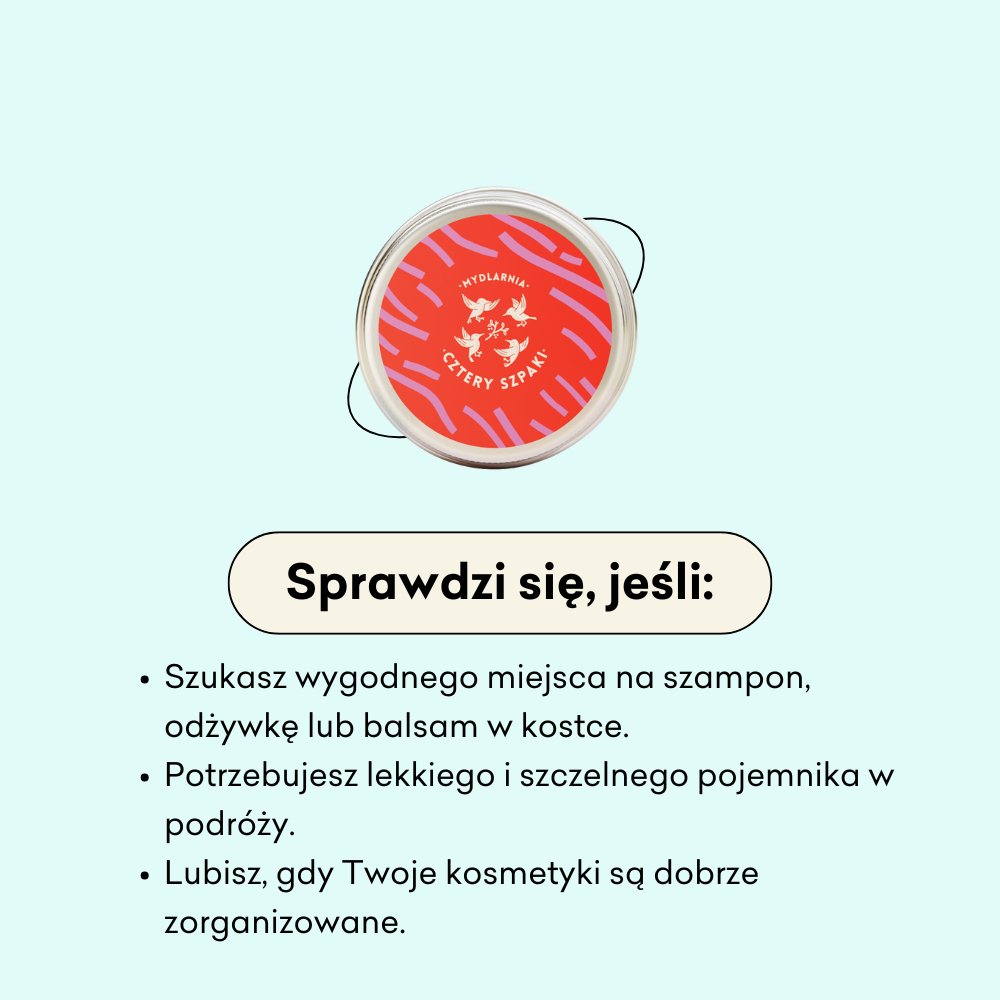 Okrągła puszka na szampon/odżywkę sprawdzi się jeśli szukasz wygodnego miejsca na szampon, odżywkę lub balsam w kostce.