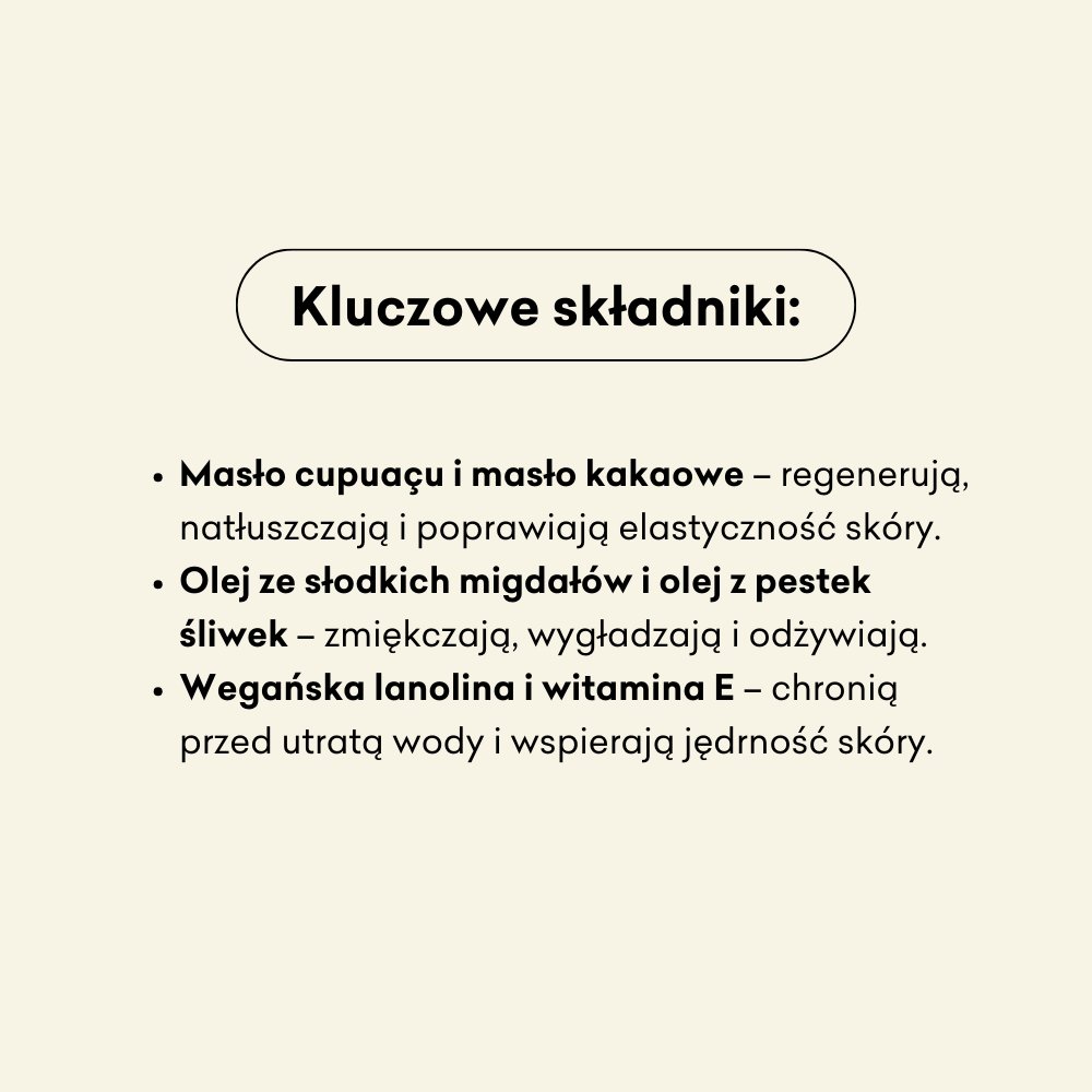 Balsam do ciała w kostce, składniki: masło cupuacu, masło kakaowe, olej ze słodkich migdałów, z pestek śliwek, wegańska lanolina, witamina e.