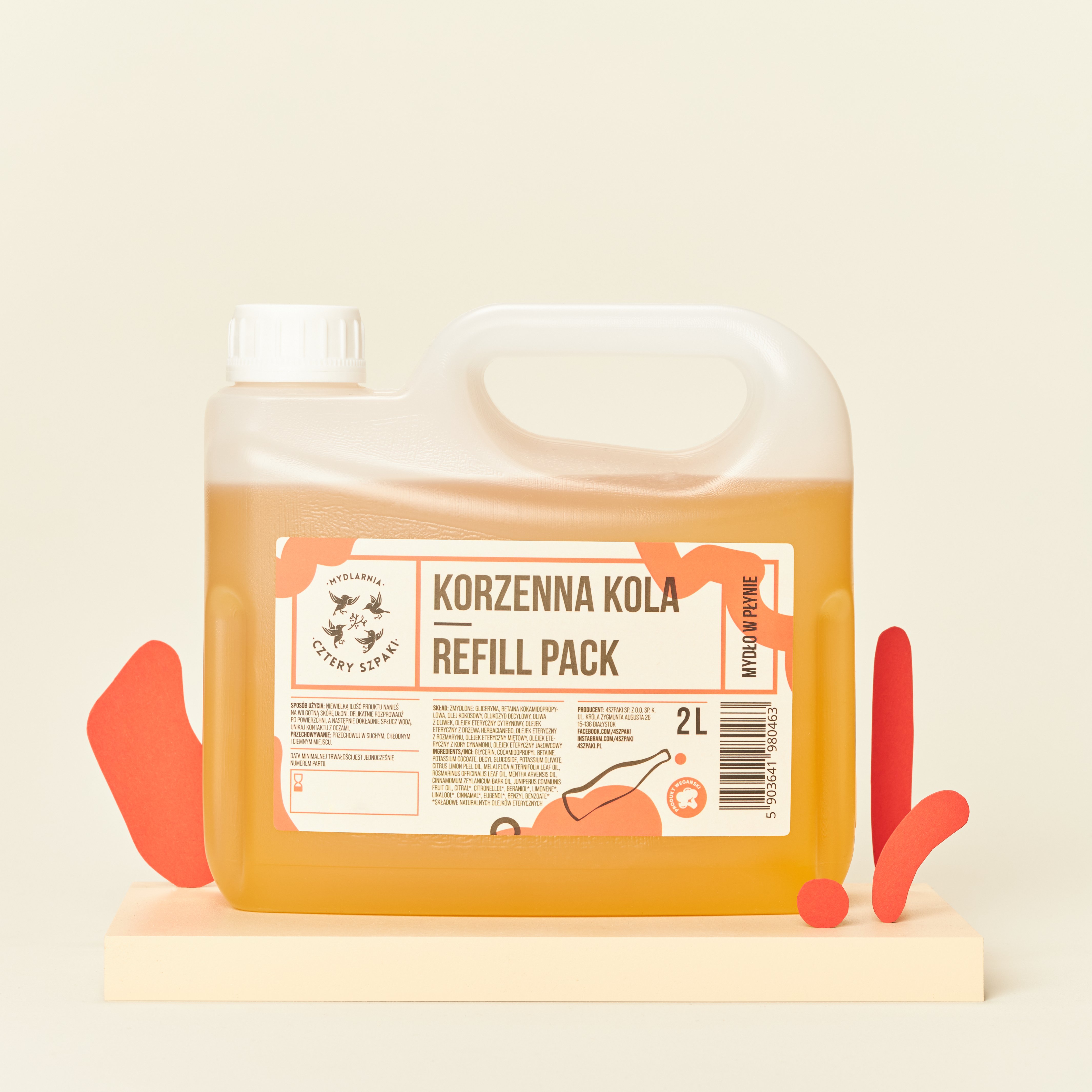 Naturalne mydło w płynie w dwulitrowym opakowaniu typu refill Korzenna Kola, 4 Szpaki.