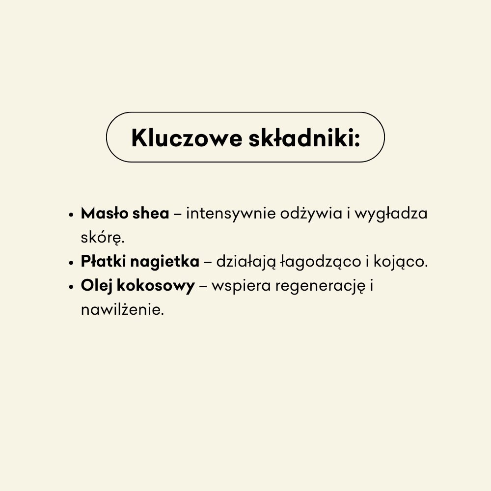 Kluczowe składniki półkuli Nagietek i Melisa to masło shea, płatki nagietka i olej kokosowy.